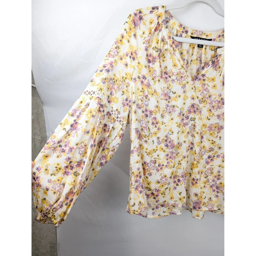 Floral Crochet Lace Balloon Long Sleeve Peasant Top Size M‎ Cottagecore Romantic
